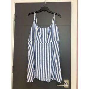 Old Navy Blue White Striped Linen Blend Smocked Cami Mini Dress XXL Pockets